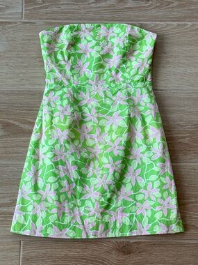 Vintage Lilly Pulitzer Strapless Floral Dress in Lime Green and Light Pink